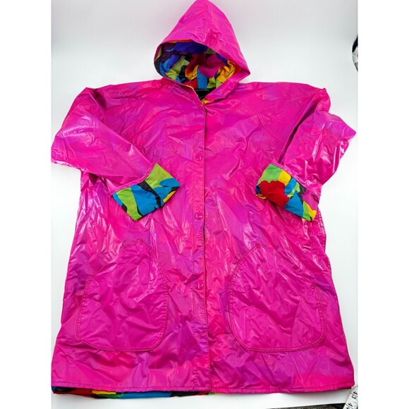ShedRain Jackets & Blazers - Vtg Shedrain Raincoat Jacket Womens L Pink Floral Lined Hooded Pop Art 90s Retro